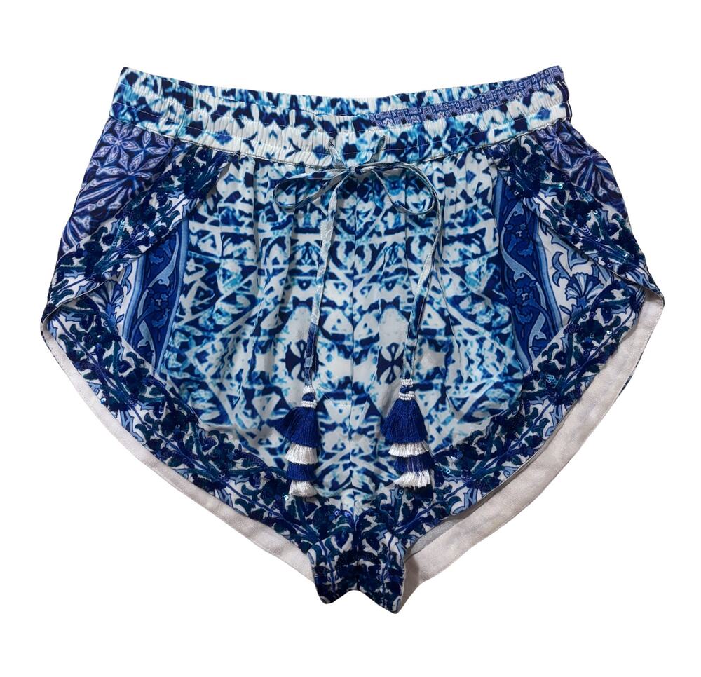 ROCOCO SAND Oriental Labyrinth Embellished Sequin Trim Tie Viscose Shorts XS